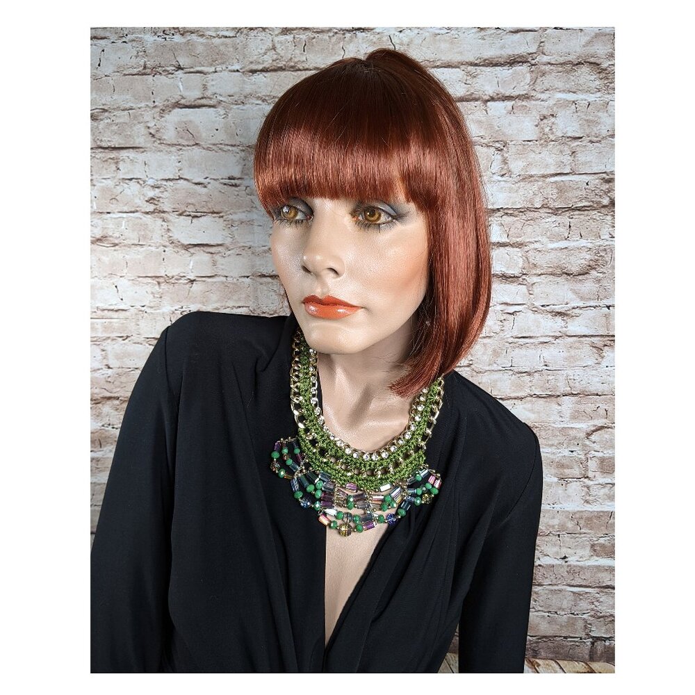 DENA G GOLD TONE BLUE & GREEN BEADED & RHINESTONE BIB NECKLACE HANDMADE NWT